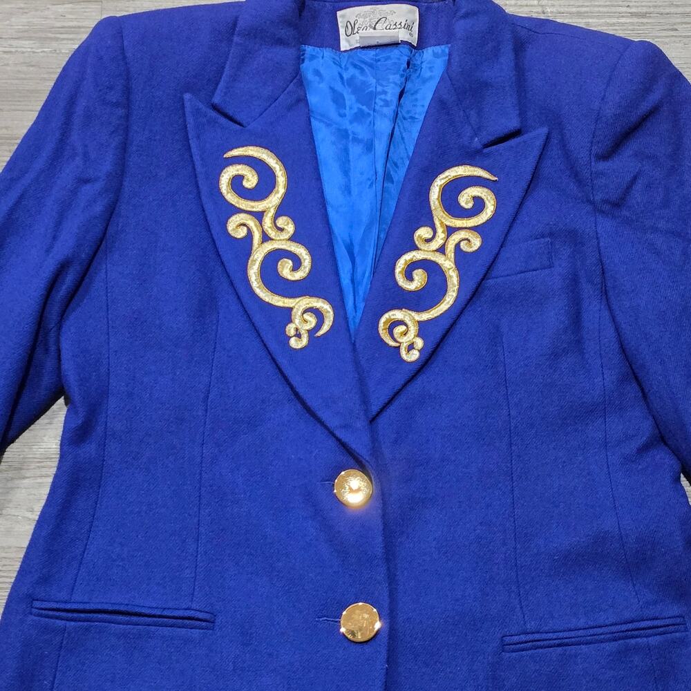 Vintage Oleg Cassini Royal Blue Gold Swirl Accent Embroidered Wool Blazer Jacket - Picture 3 of 10
